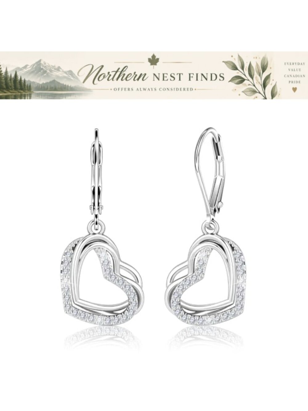 Heart Dangle Earrings Cubic Zirconia 925 Sterling Silver Leverback Drop